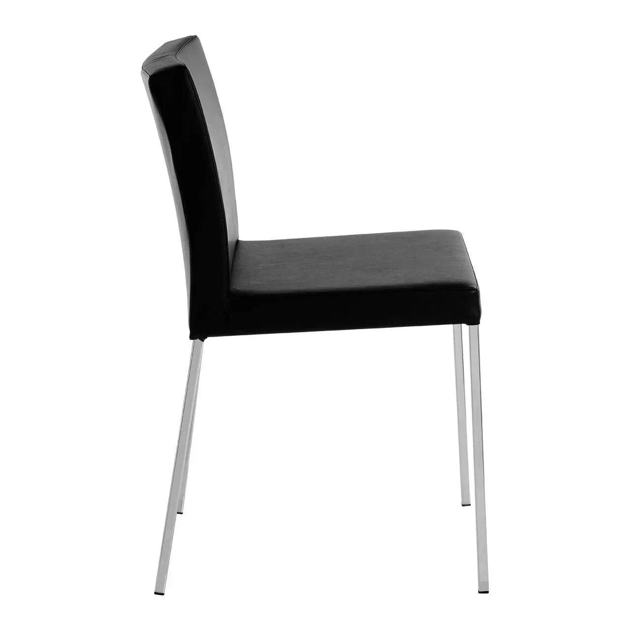 Black dining chair with cushioned seat and chrome legs, side profile on white background