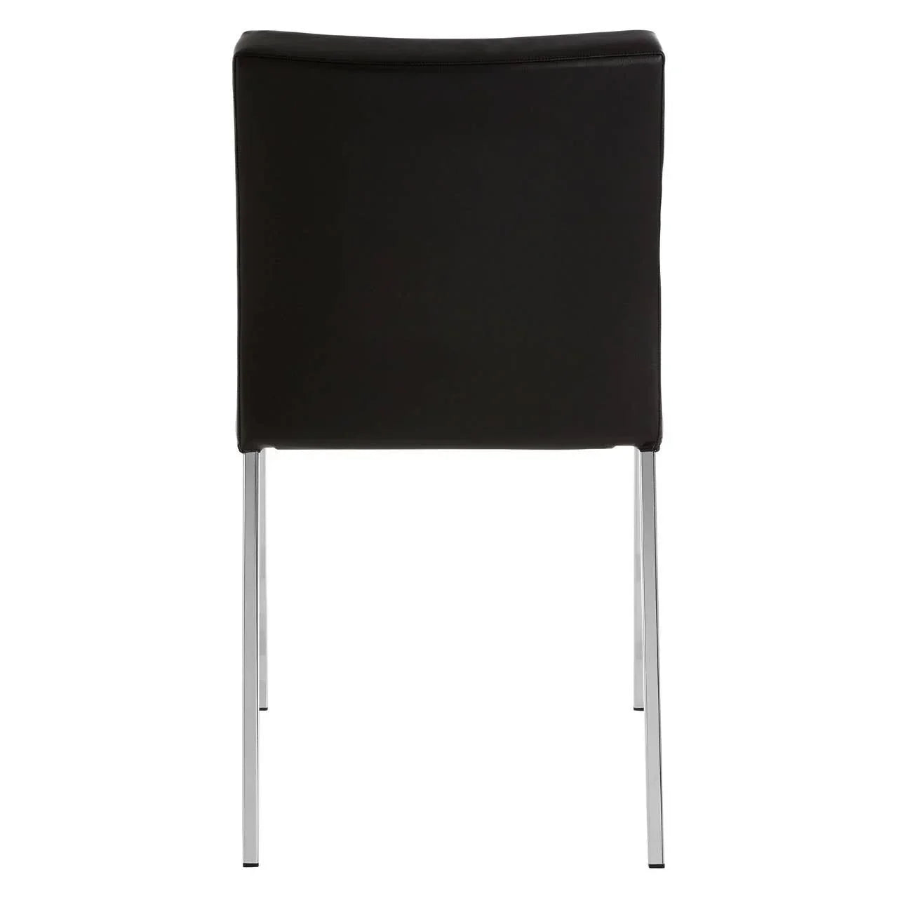 Black dining chair with chrome legs shown from the back