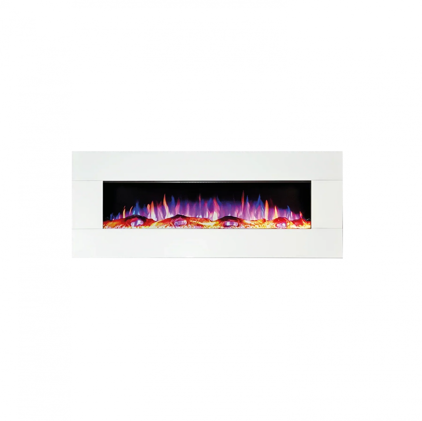 Wall mounted electric fire with white frame and colorful LED flames