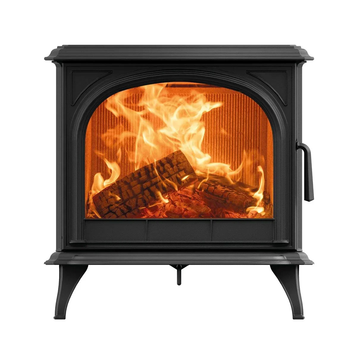 Black cast iron wood burning stove with visible flames and logs inside