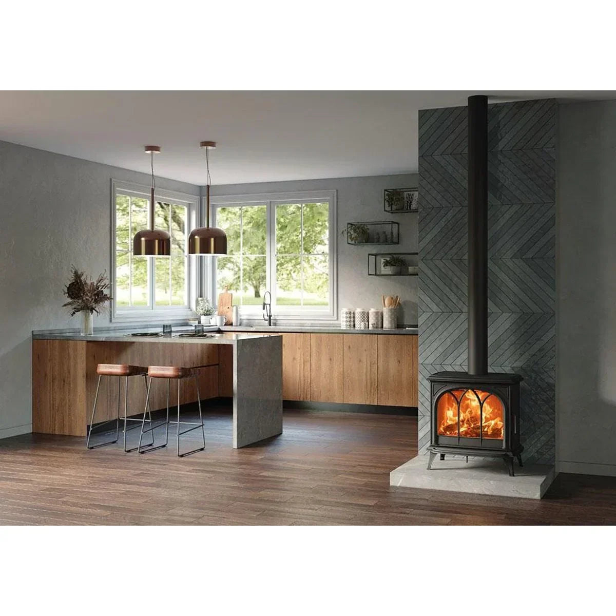 Modern wood burning stove with glass door in a kitchen with wooden cabinets and breakfast bar