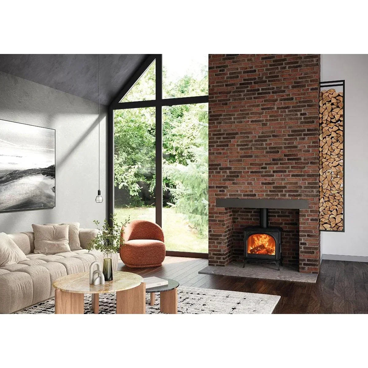 Modern living room with beige sofa, round coffee tables, wood burner and brick fireplace