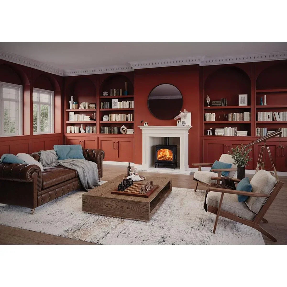 Living room with brown sofa, armchairs, wooden coffee table, rug and fireplace