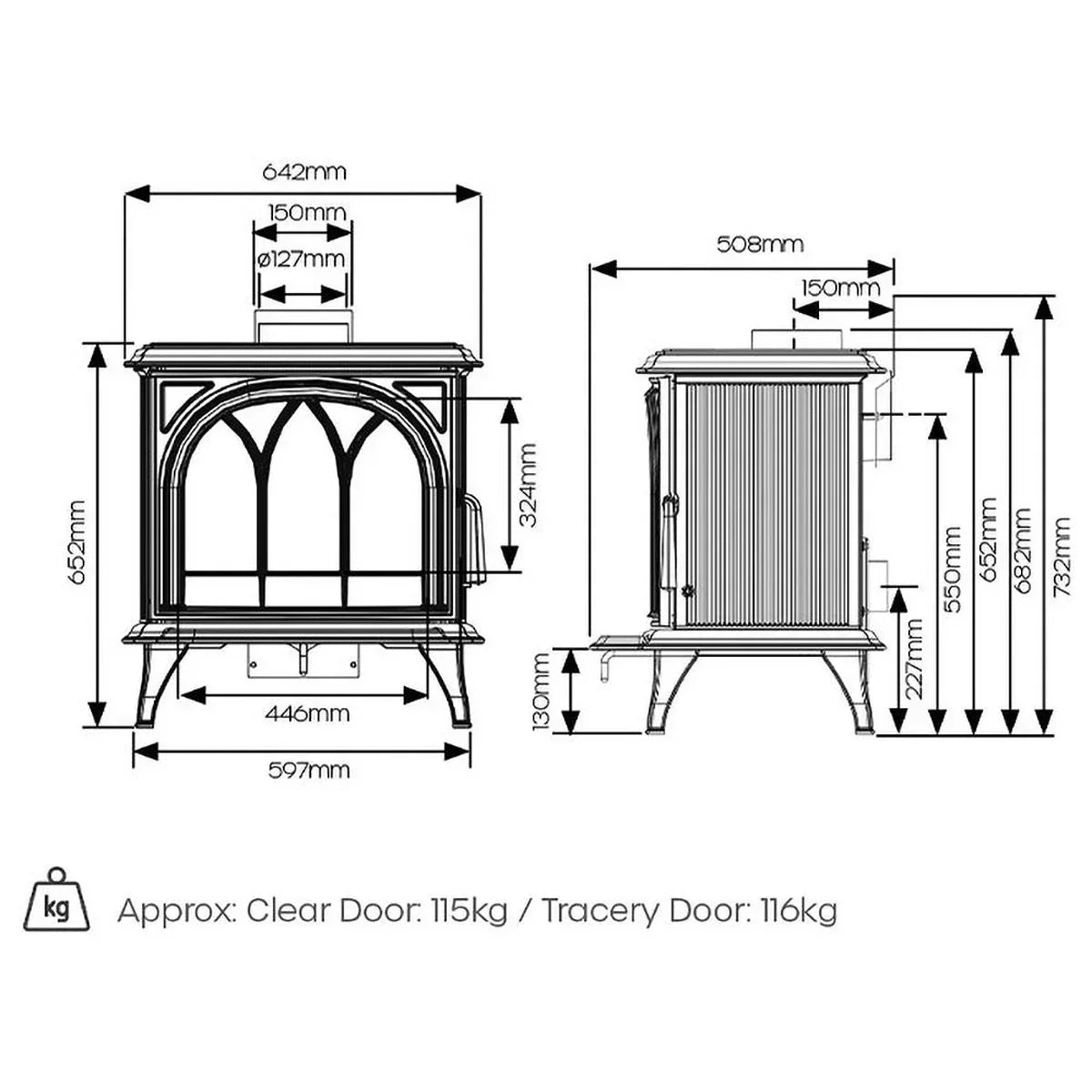 Wood burning stove technical drawing with front and side measurements in millimeters