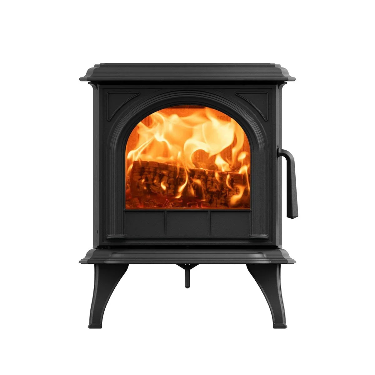 Black cast iron log burner stove with burning fire, front view on white background