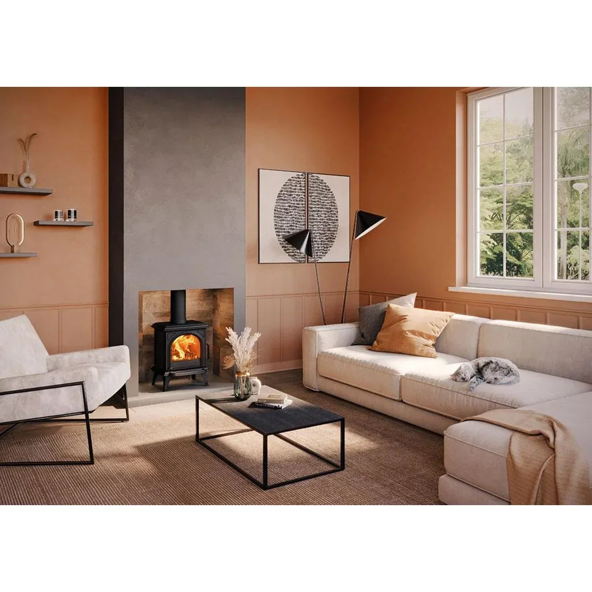 Modern beige corner sofa with scatter cushions in cosy living room, coffee table in foreground