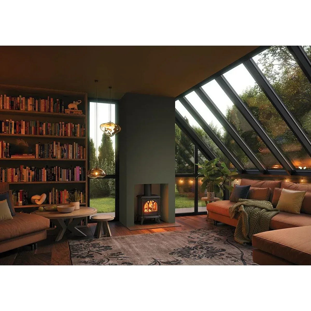 Brown corner sofa set in modern living room with wood stove and large window panels