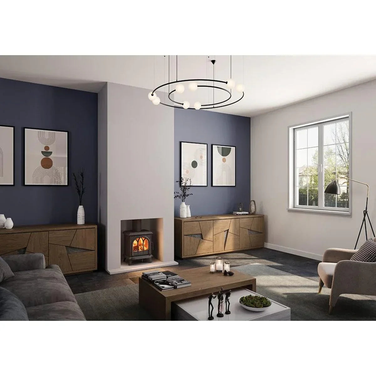 Modern living room with wooden sideboards, coffee table, and contemporary wall art