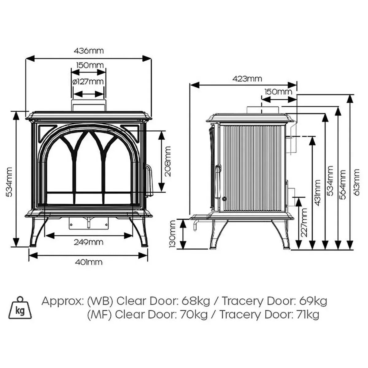 Multi-fuel stove technical drawing showing front and side dimensions with weight details