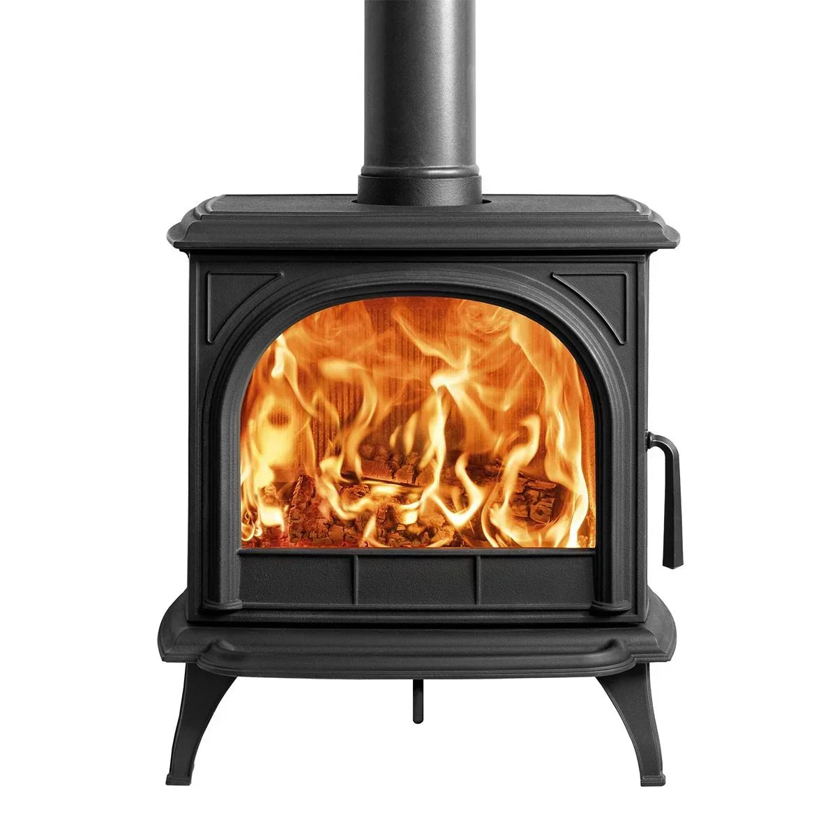 Black cast iron wood burning stove with roaring fire and large glass front panel