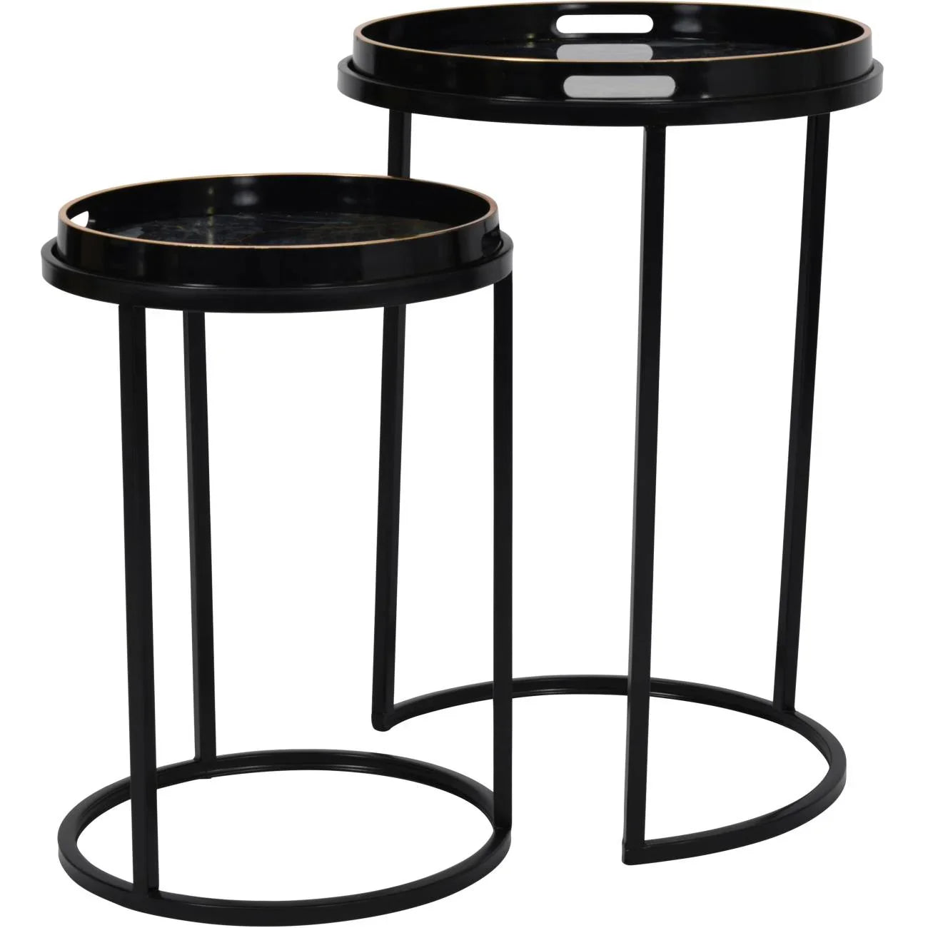 Black and gold round tray tables with sleek metal frames.