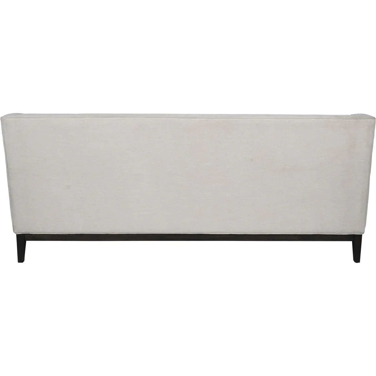 Back view of ivory fabric sofa with dark wooden legs
