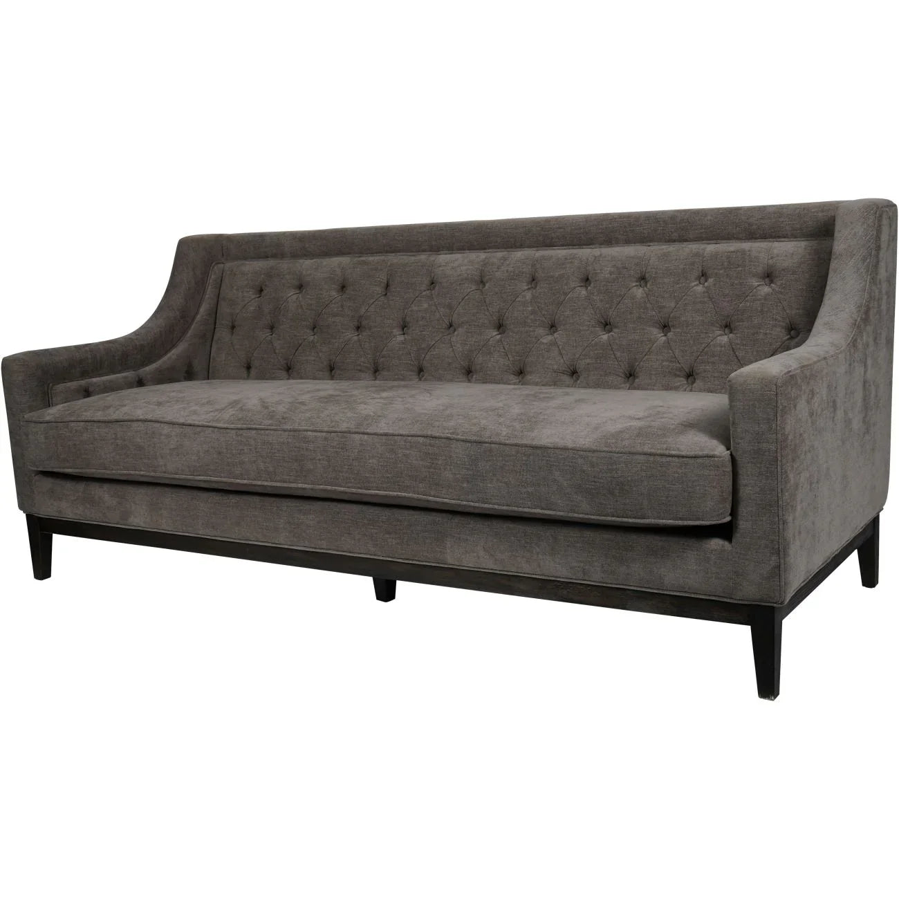 Warm grey fabric sofa with buttoned backrest and sleek black legs.