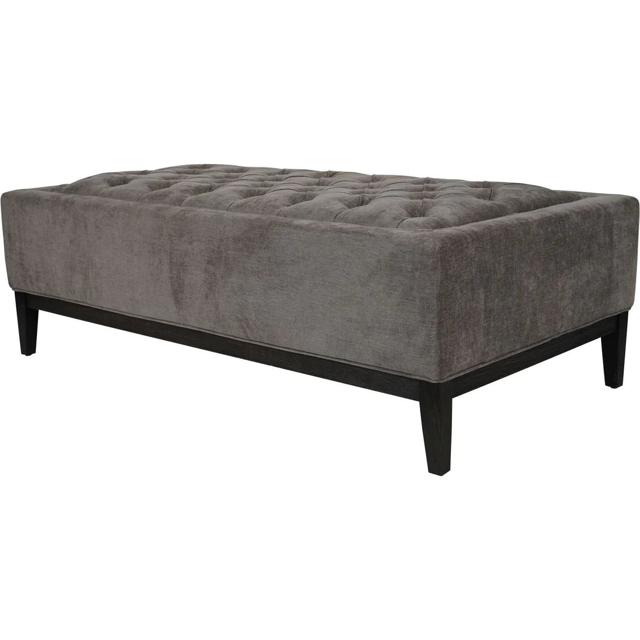 Warm grey ottoman with buttoned fabric and dark wooden legs