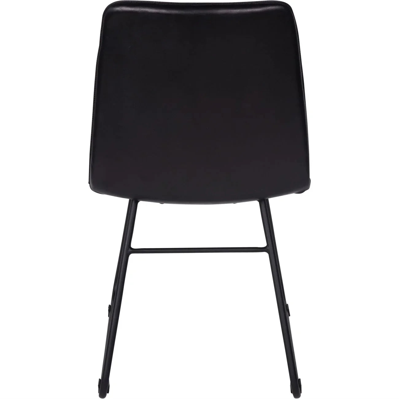 Back view of a charcoal leather dining chair with sleek black legs.