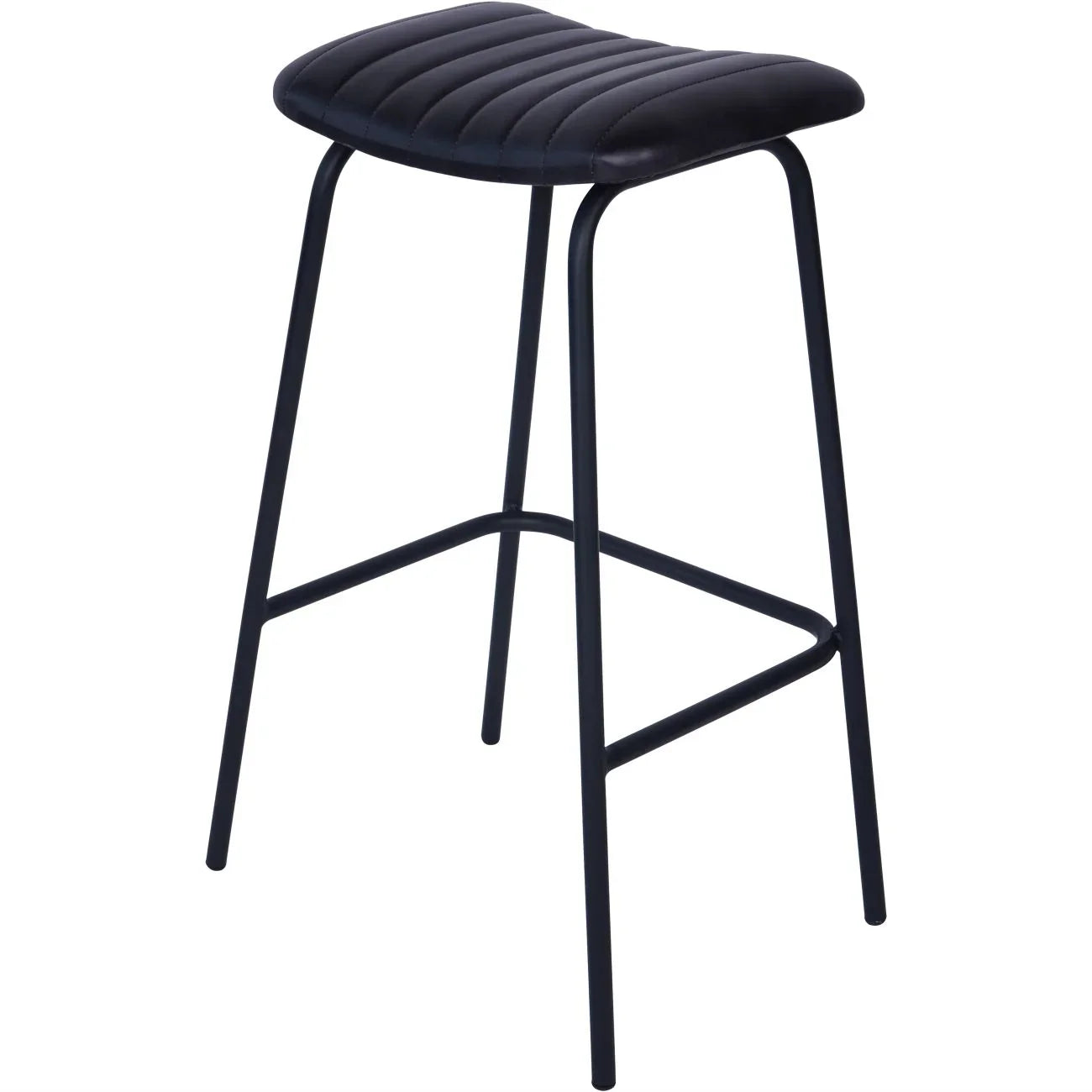 Charcoal leather bar stool with black metal legs and ribbed seat design.