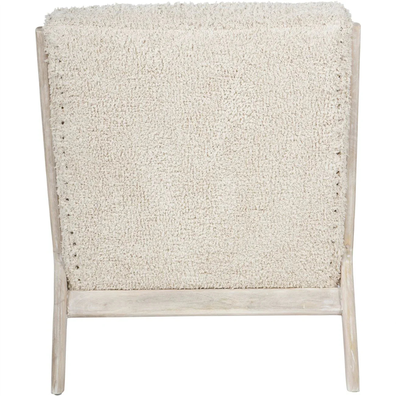 Beige textured chair back with light wood frame.