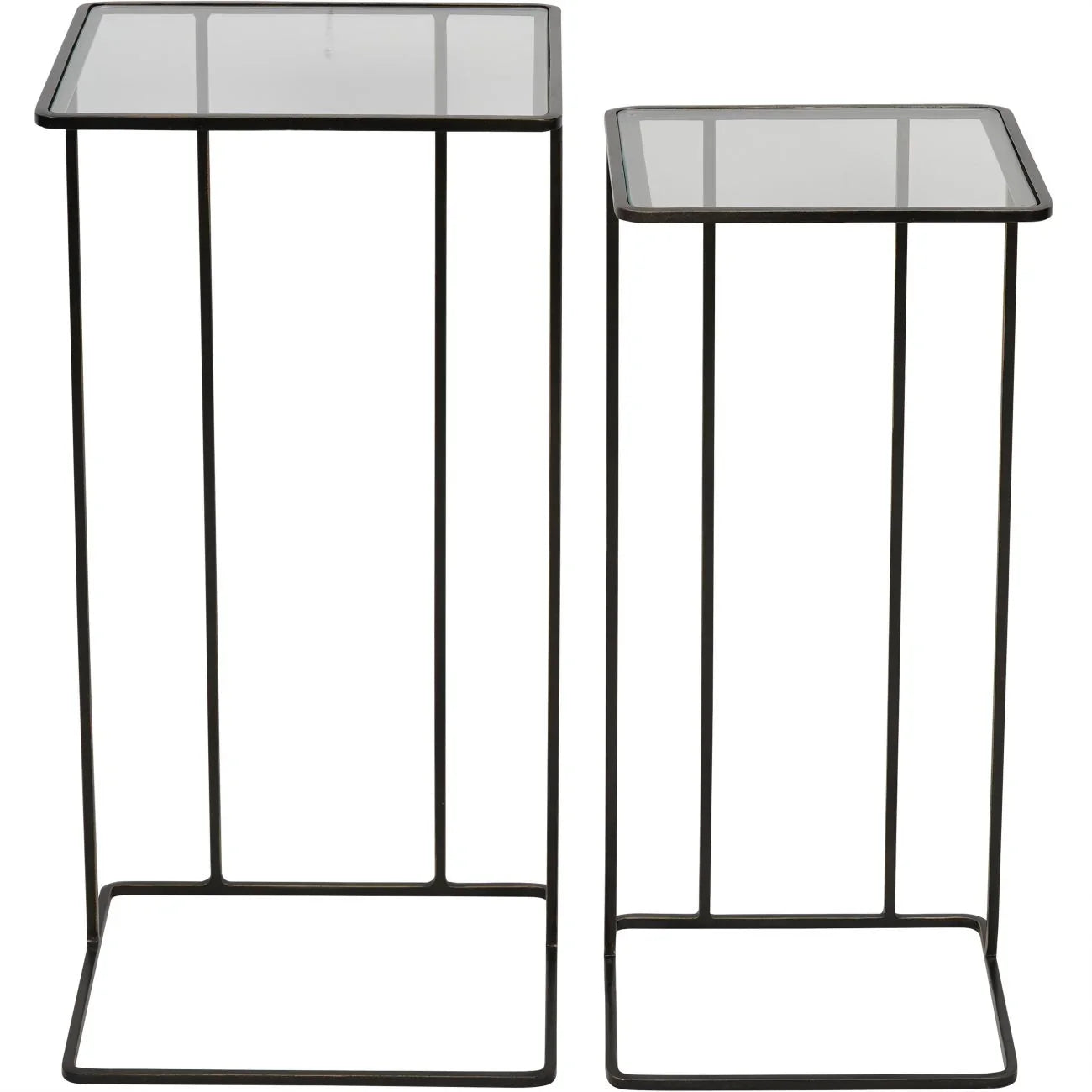 Two dark bronze side tables with glass tops and slender metal frames.
