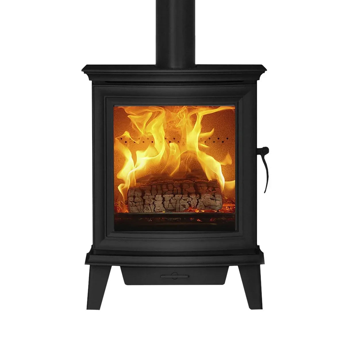 Black wood burning stove with glass front and visible flames