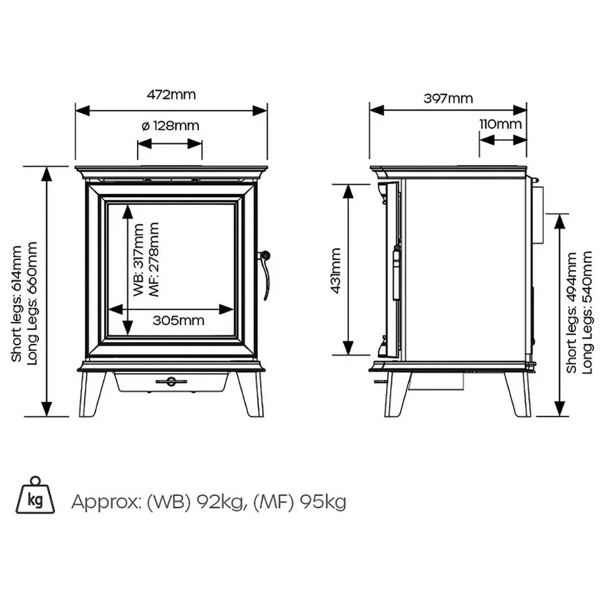 Stove dimensions diagram with front and side views, measurements and weights in millimeters and kg