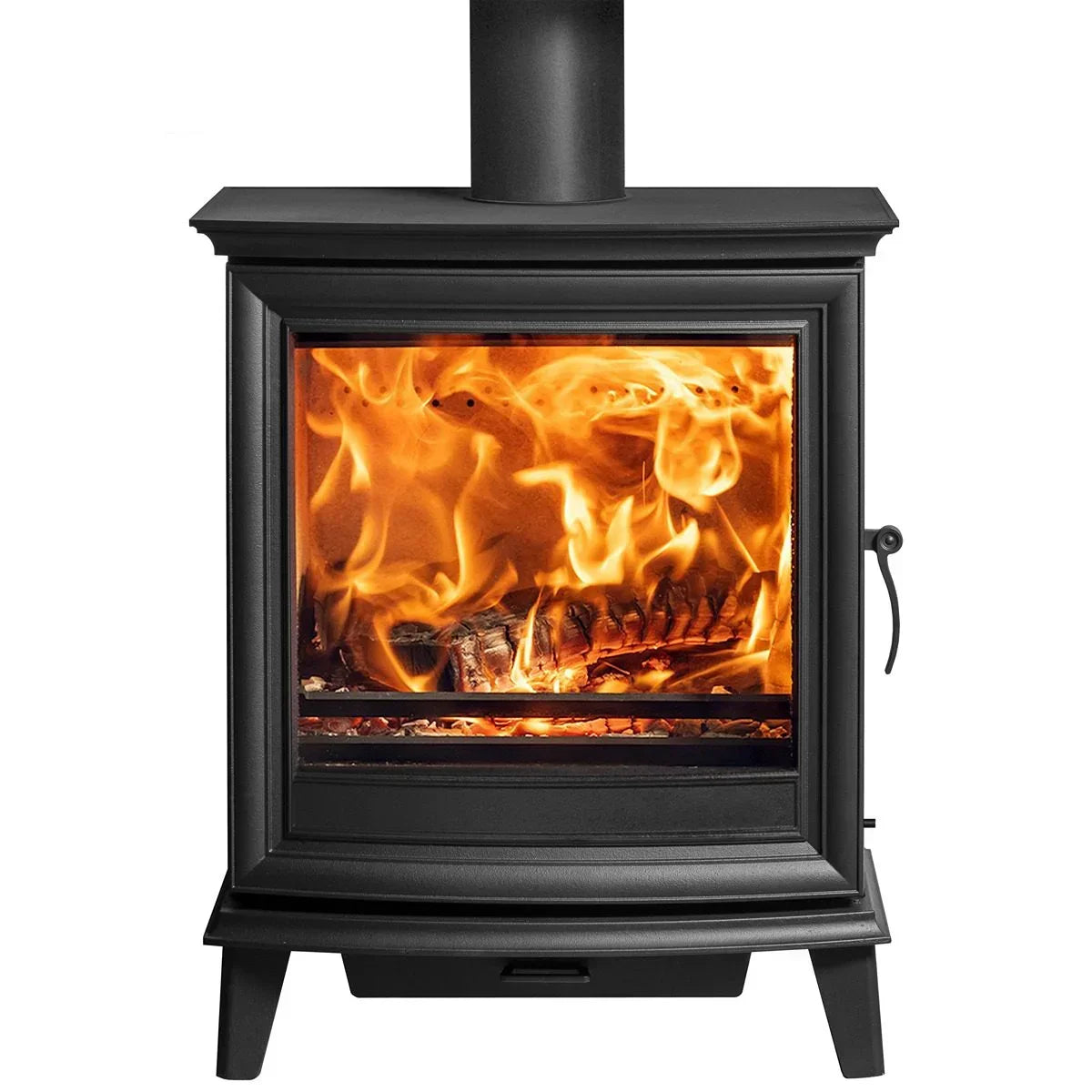 Black wood burning stove with log fire visible through glass front panel