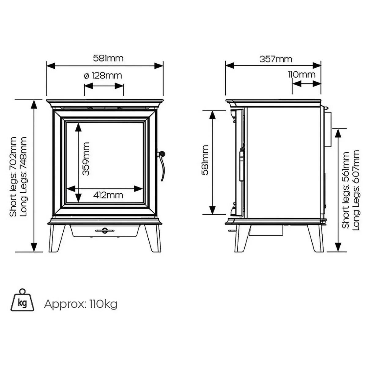 Wood stove dimensions diagram with width, height, depth and leg measurements labeled
