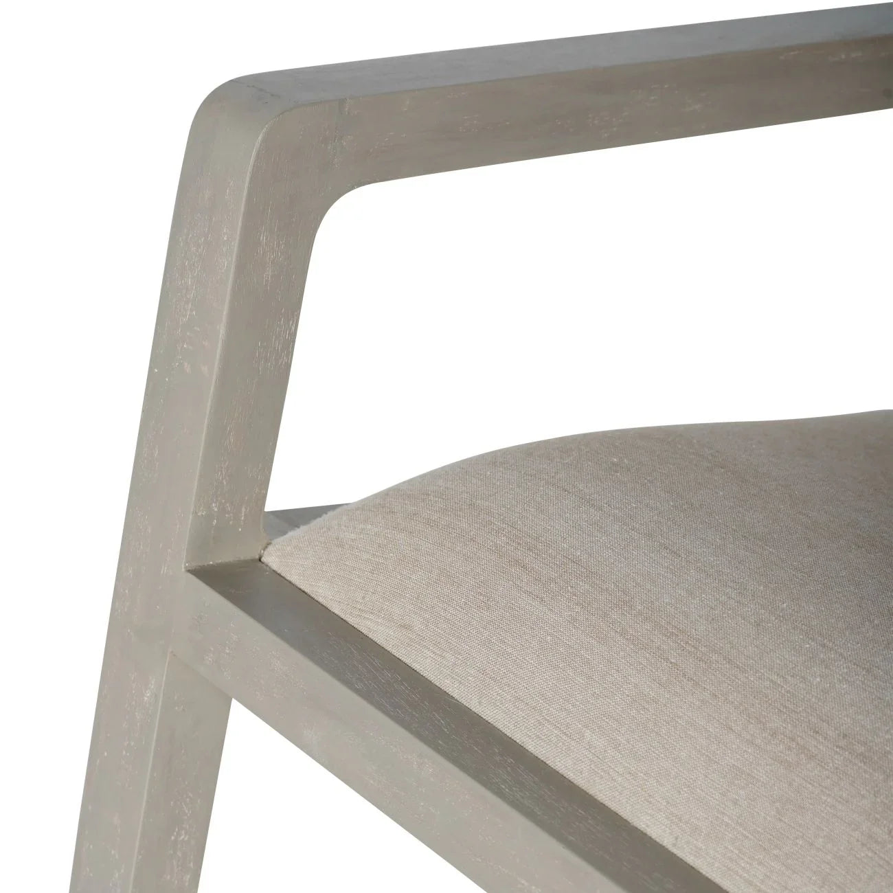 Beige fabric seat with grey wooden armrest detail.