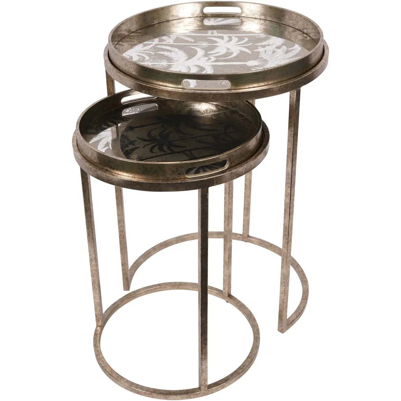 Gold metal nesting tray tables with palm leaf design | Home Centre Direct UK