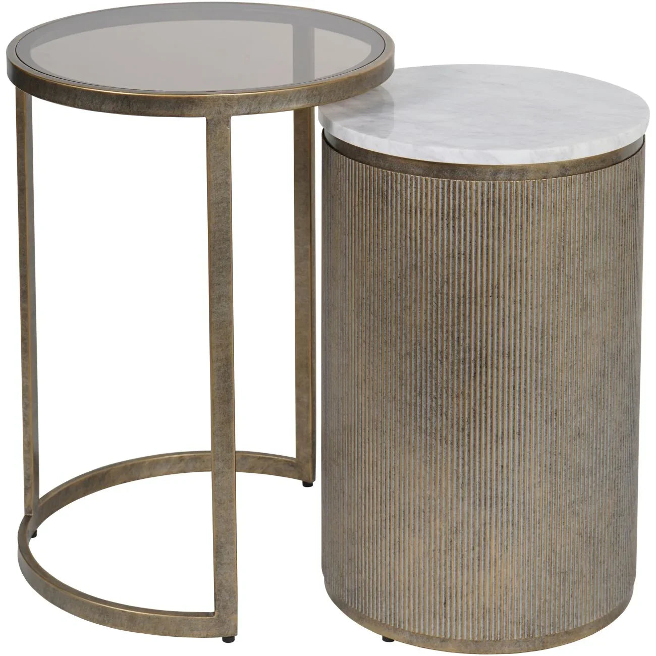 Round nesting tables with aged gold frames and marble tops.