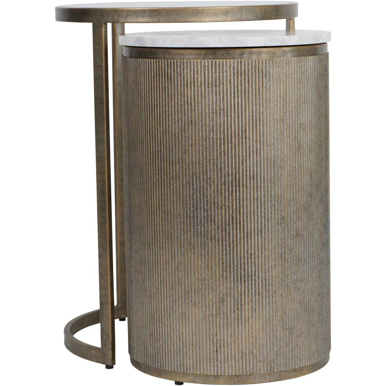 Aged gold nesting tables with ribbed texture and marble tops.