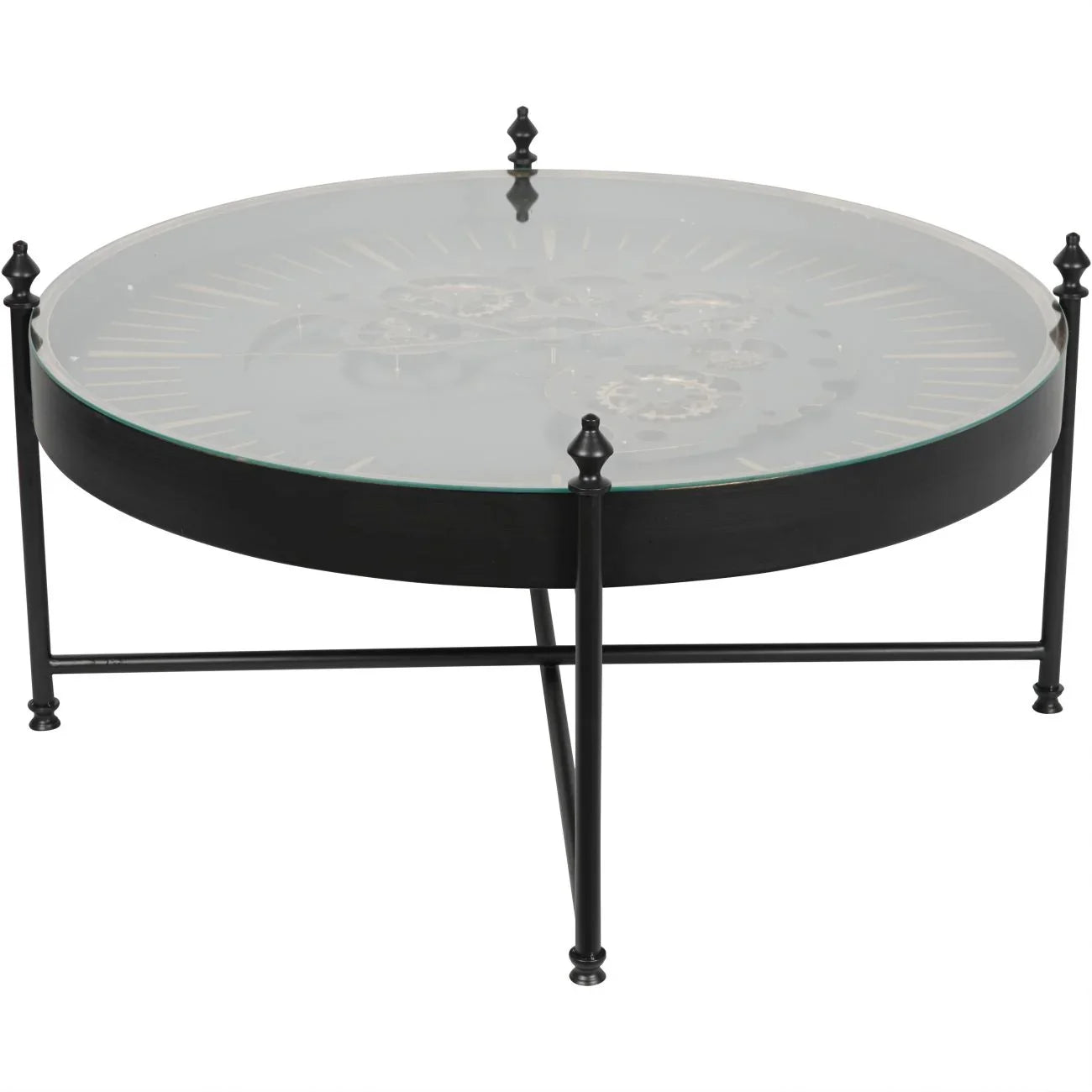 Black round coffee table with glass top and visible gold cogs.