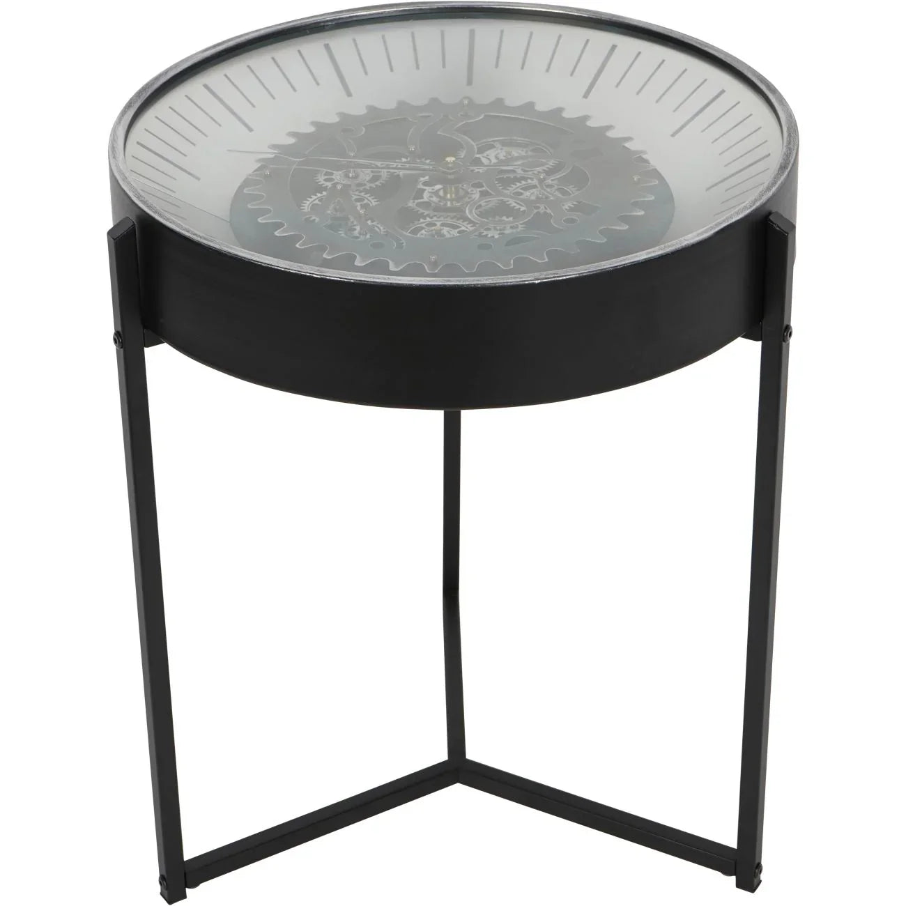 Black nickel side table clock with visible cogs and glass top | Home Centre Direct UK