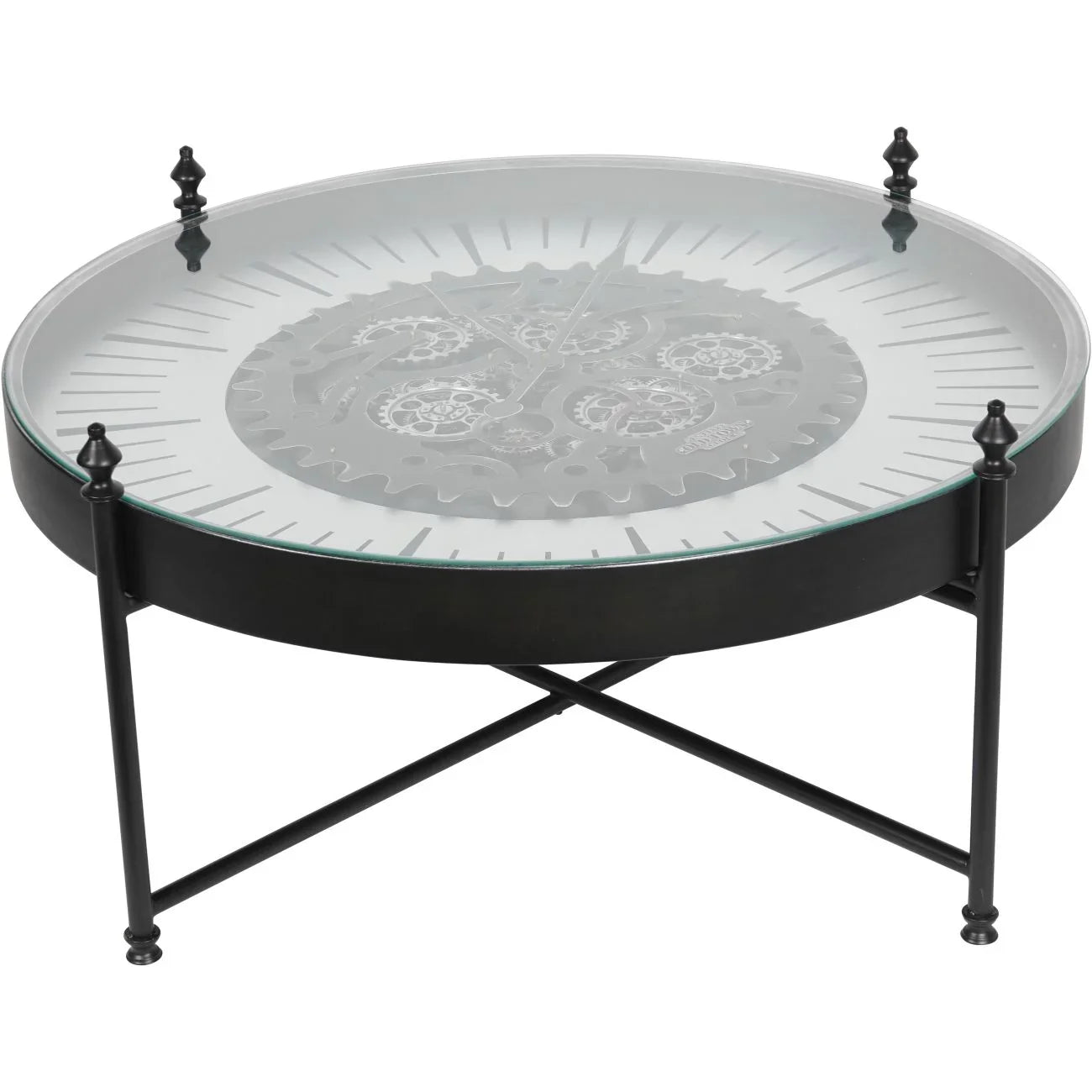 Black metal coffee table with glass top and visible clock gears | Home Centre Direct UK