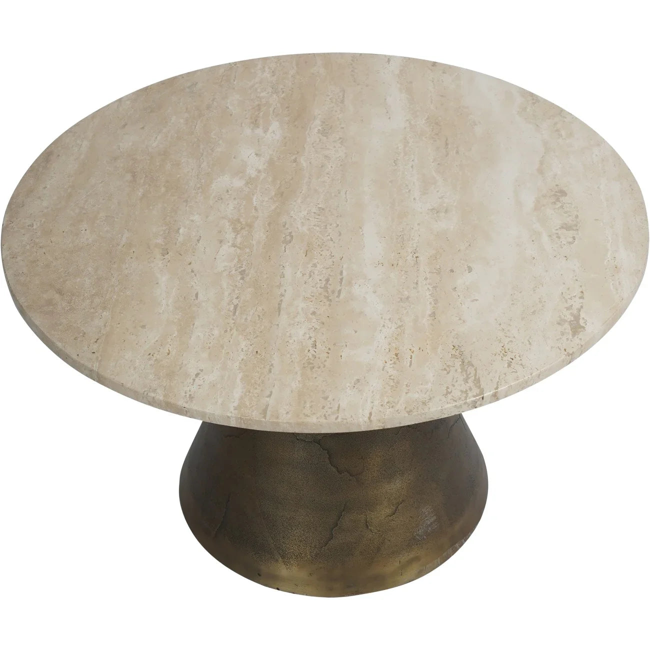 Round travertine tabletop with antique brass base, top view.