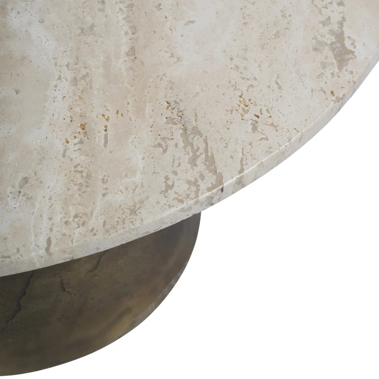Light travertine tabletop with textured surface and antique brass base edge.