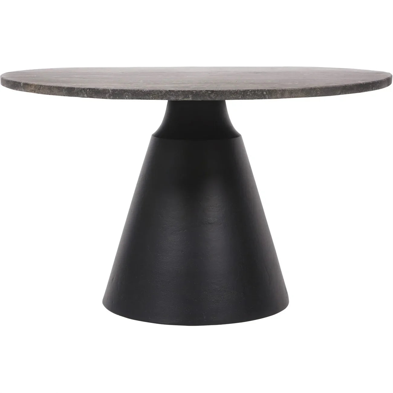 Charcoal black coffee table with conical base and dark travertine top.