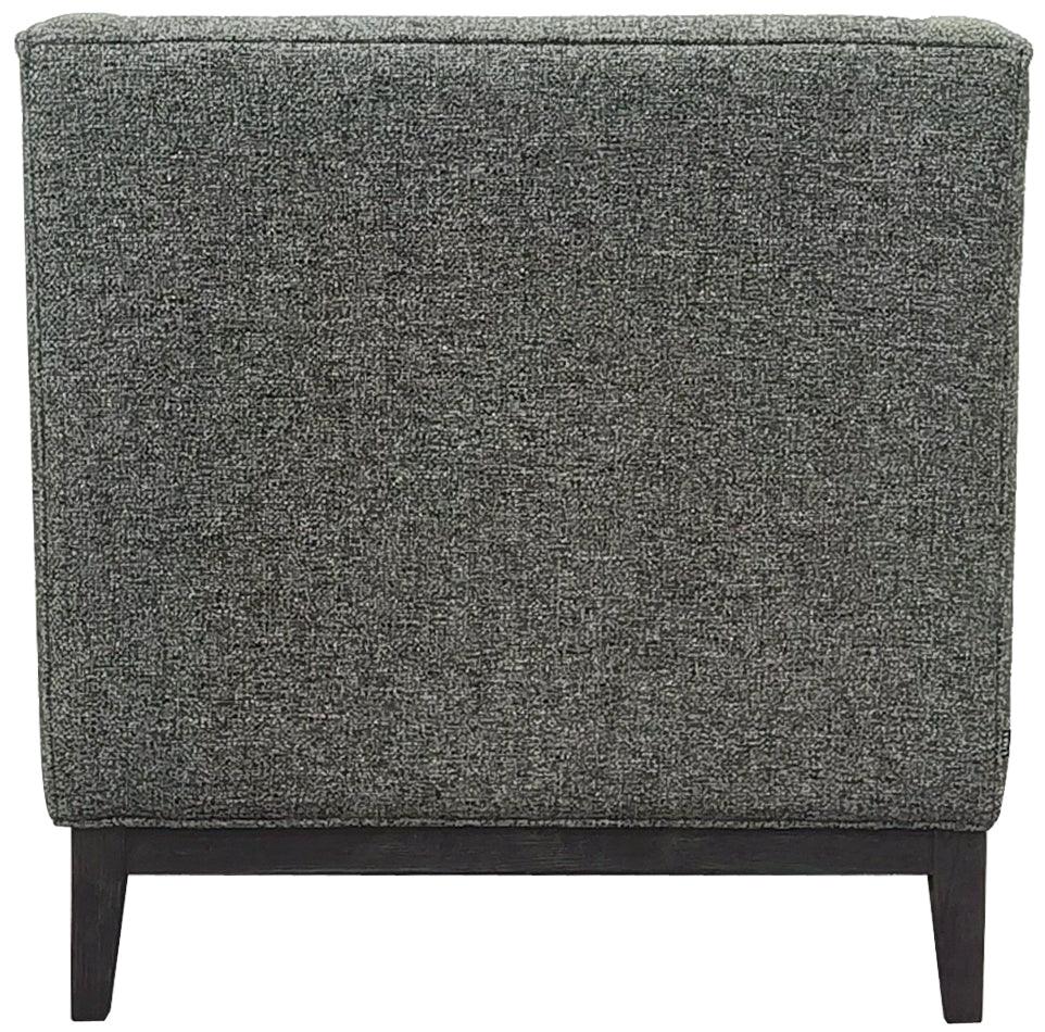 Forest green armchair back view with textured fabric and dark wooden legs.