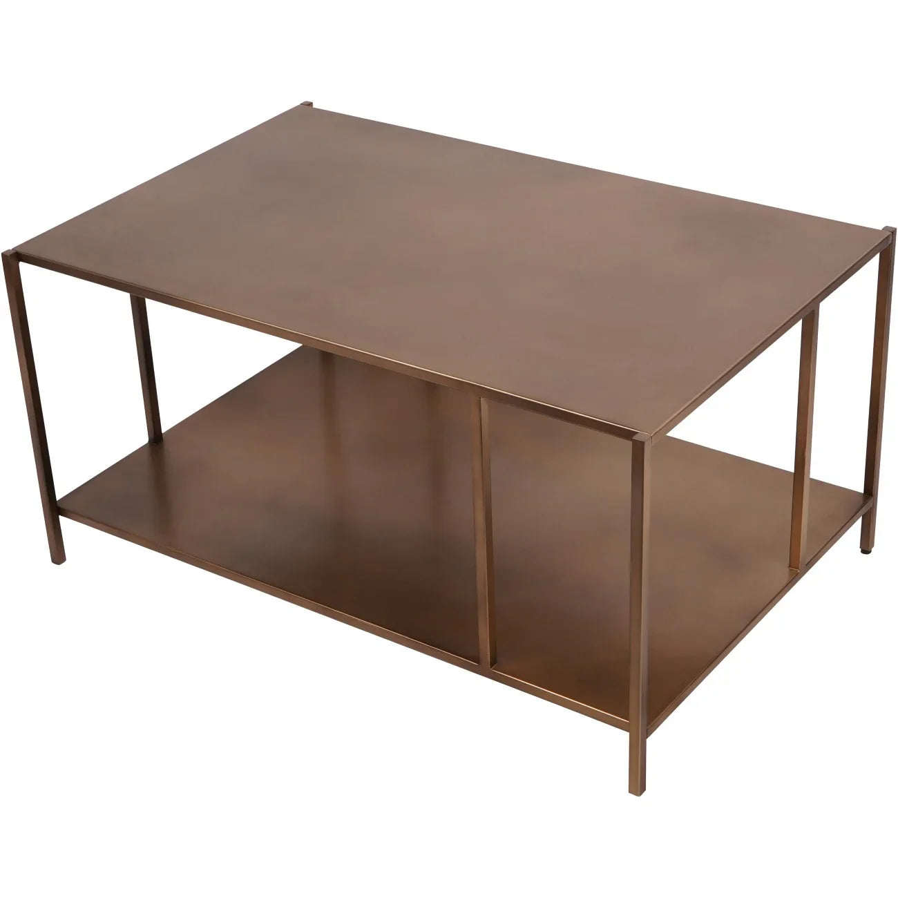 Brushed champagne metal coffee table with lower shelf.