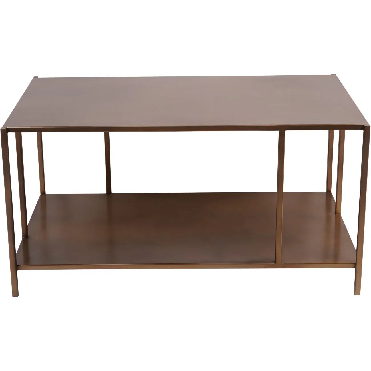 Brushed champagne coffee table with sleek metal frame and lower shelf.