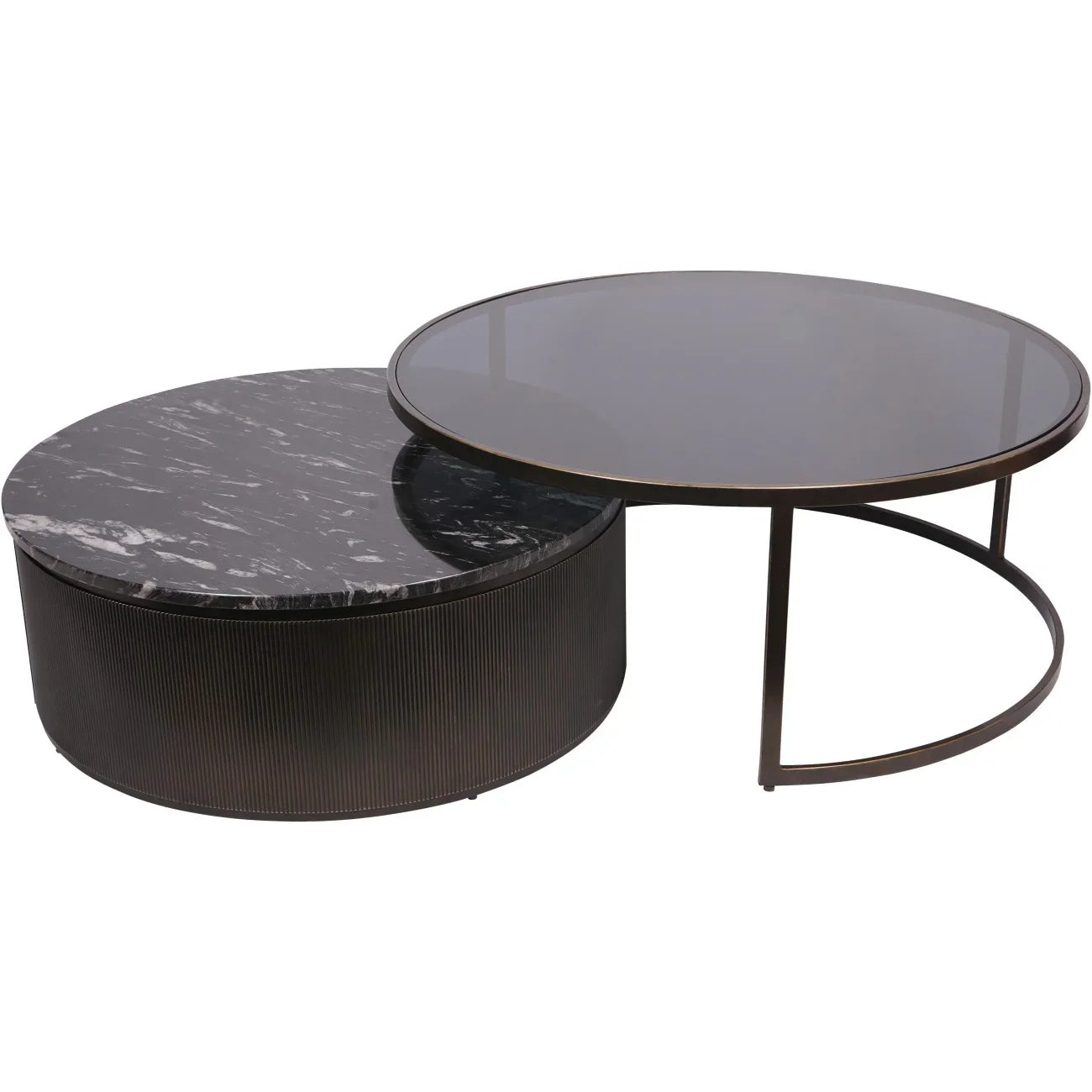 Black nesting tables with marble and glass tops, overlapping design.