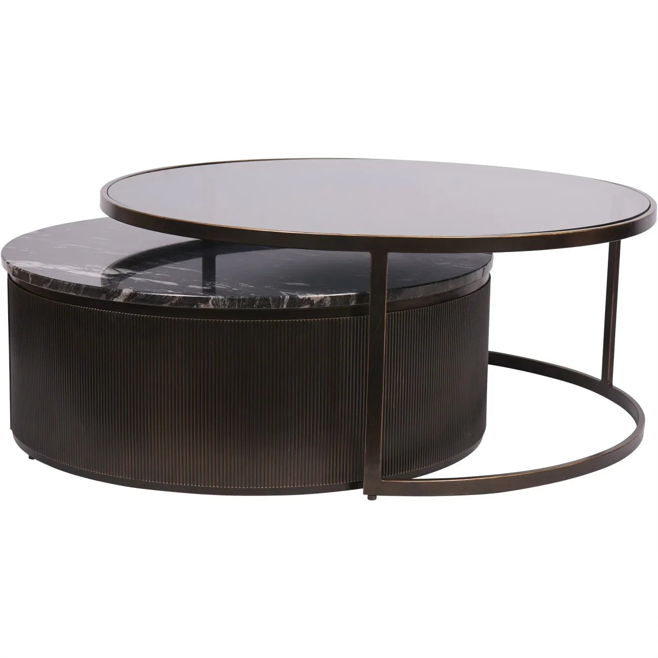 Black nesting coffee tables with glass and marble tops.