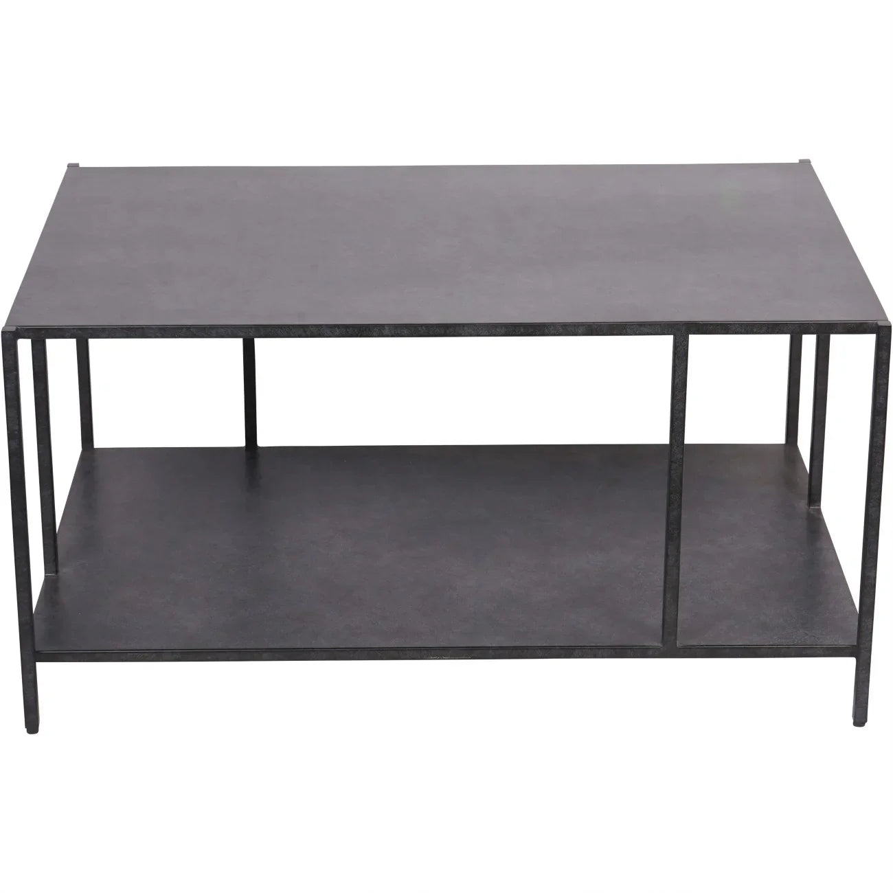 Mottled black coffee table with a lower shelf and sleek metal legs.