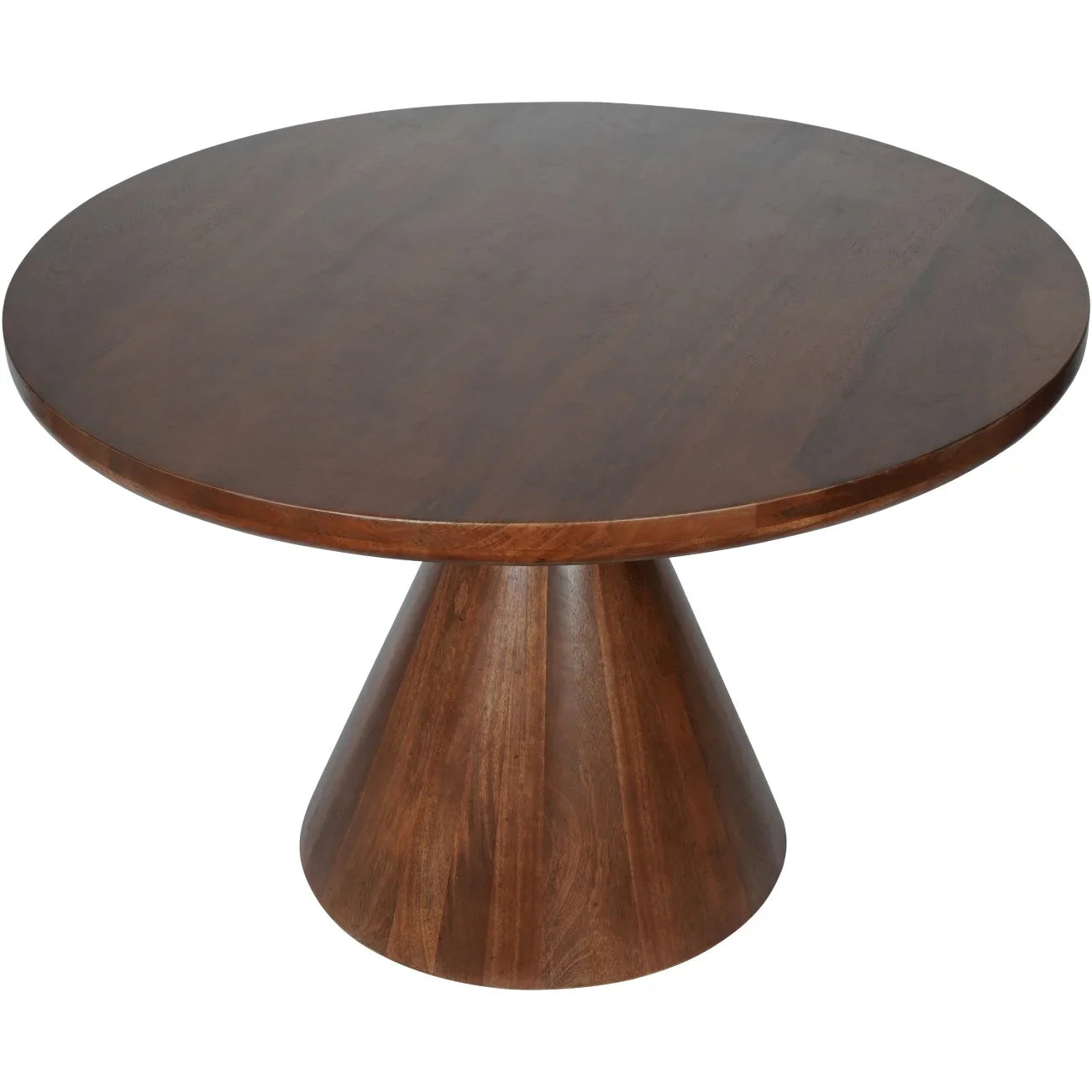 Dark wooden round table with a conical base.