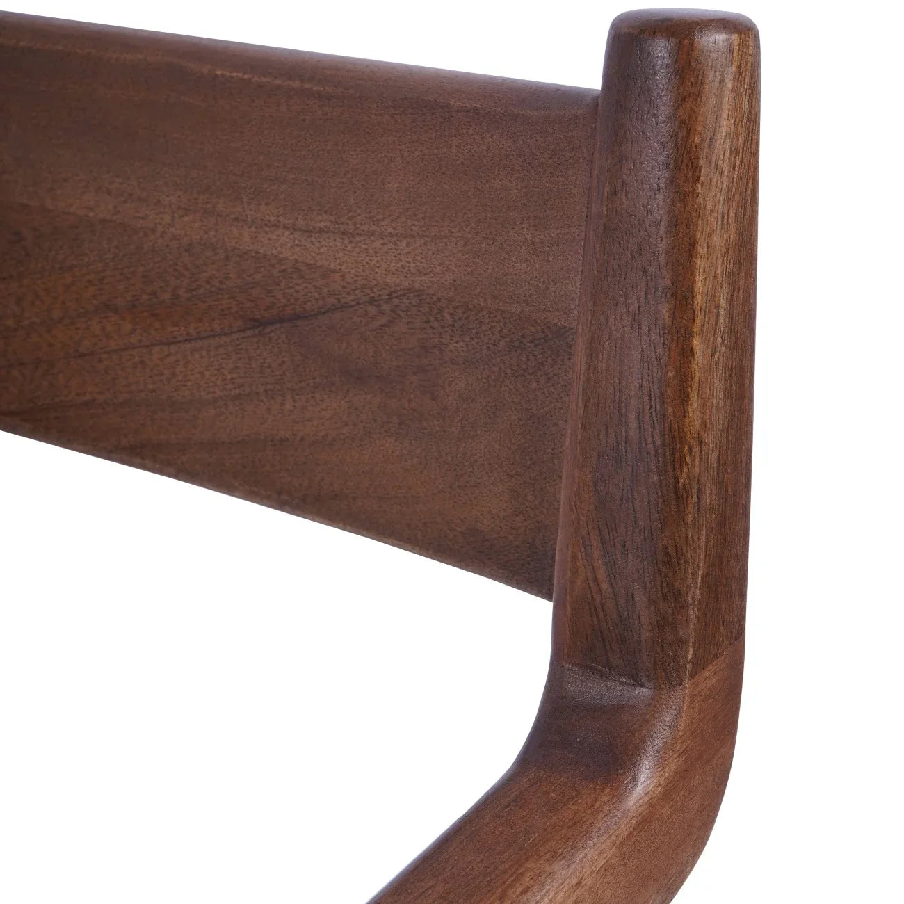 Dark wood chair back with smooth, curved finish detailing.