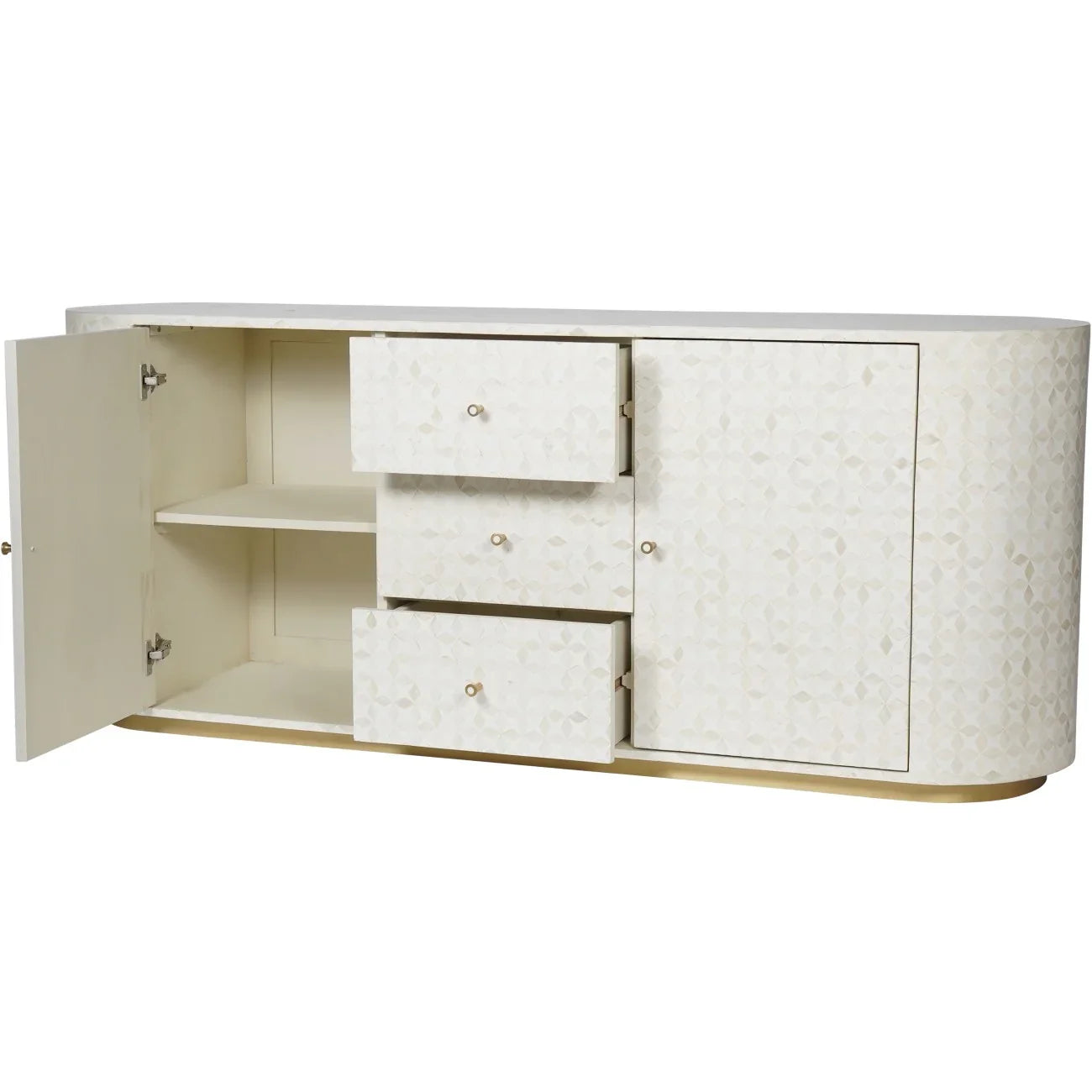 Cream sideboard with bone inlay pattern, open drawers and shelves visible.