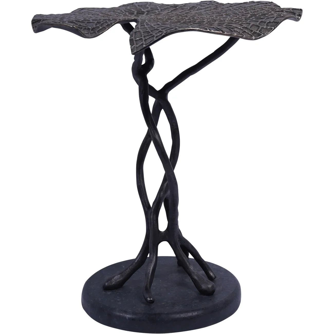 Dark cast aluminium side table with intricate leaf top and twisted stem design.