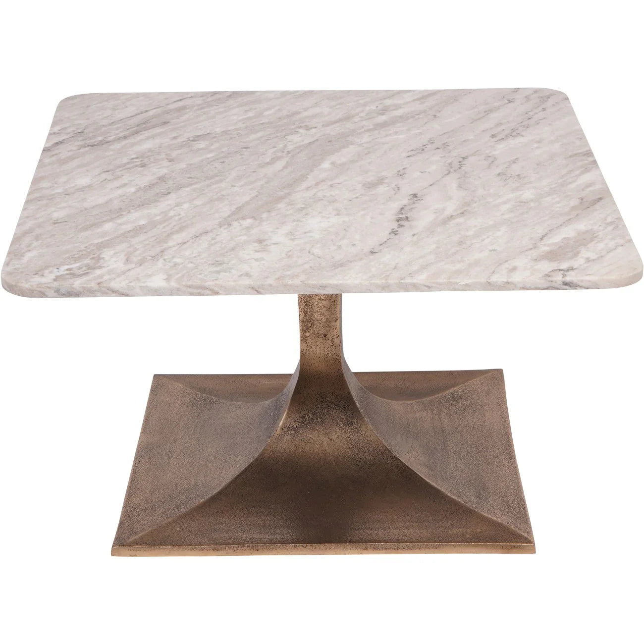 Square marble table with a textured bronze base.