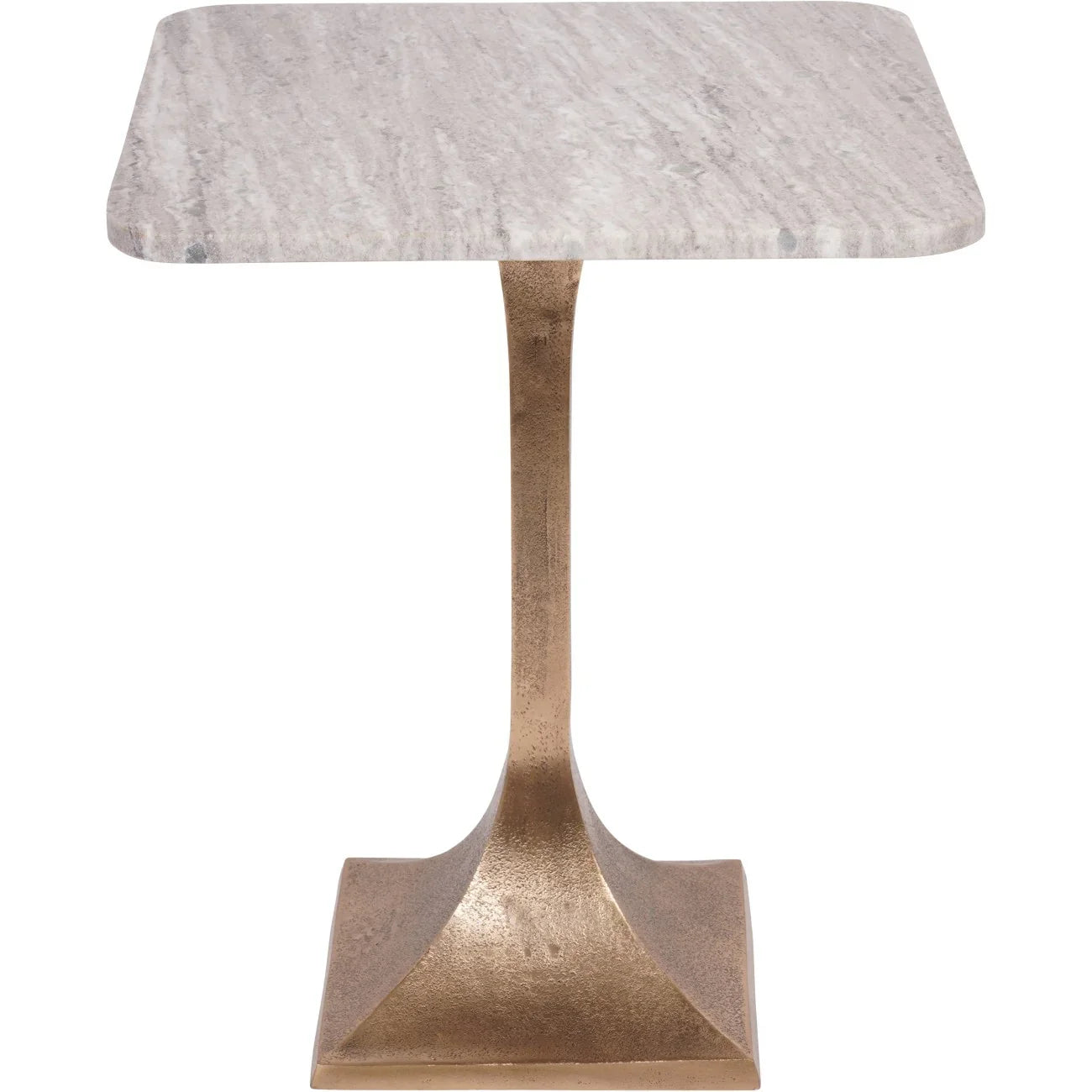 Square marble side table with a bronze pedestal base.