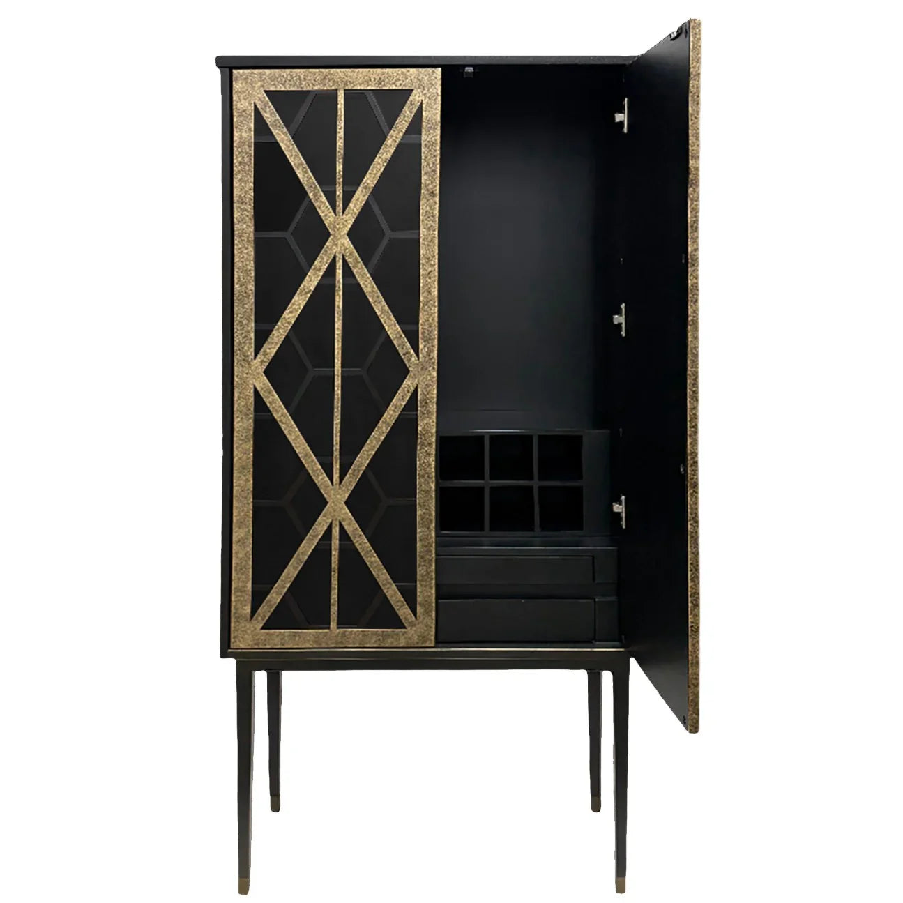 Black and gold cabinet with open door revealing interior shelves.