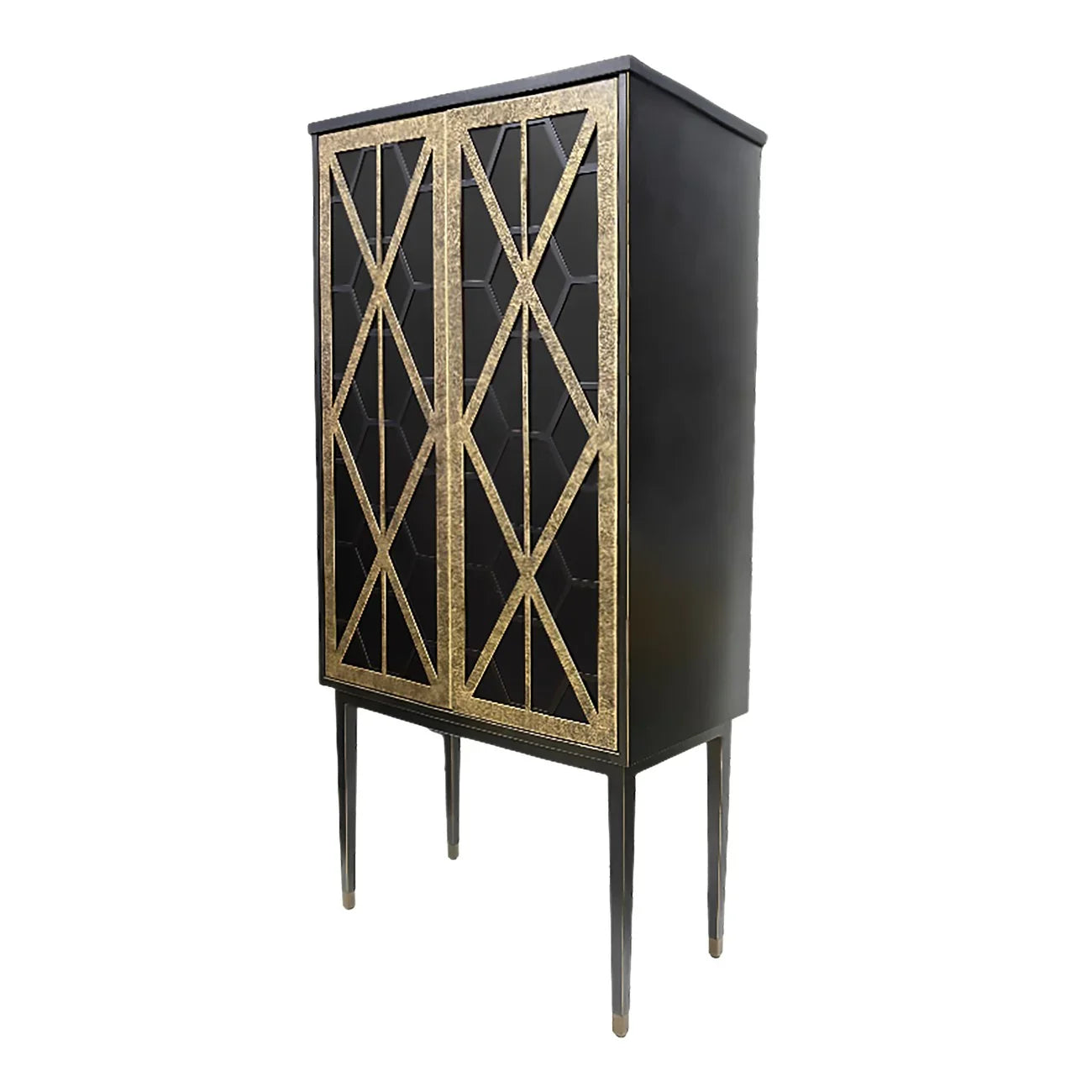 Black bar cabinet with gold fretwork design and tall slender legs.